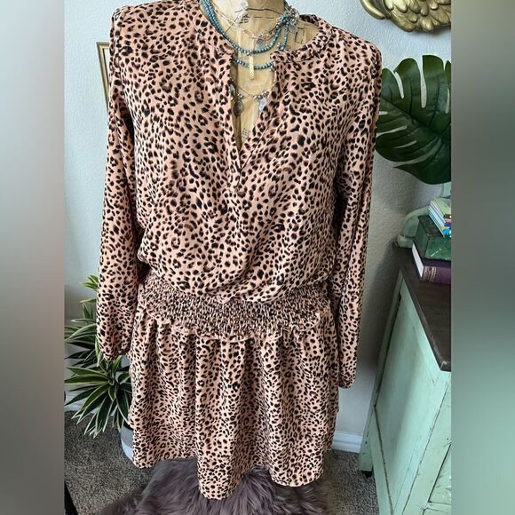 Mittoshop Leopard Cheetah Print Brown Black V Neck Elastic Waist Mini Dress Sz M - Picture 4 of 10